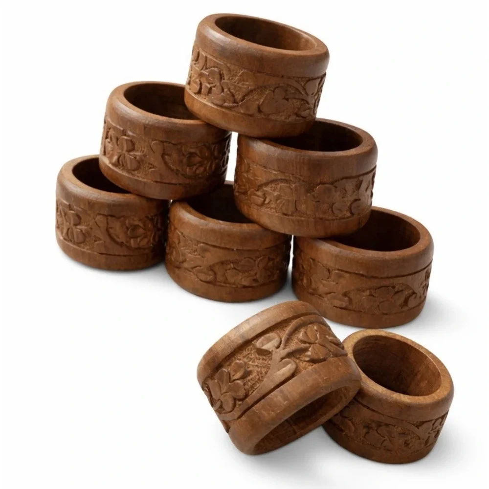 Vintage Carved Wood Napkin Rings Set Of 8 Floral India Rustic Table Decor Dining